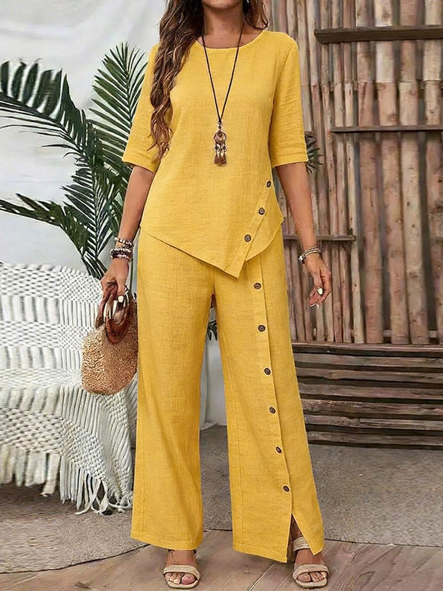 Damen Asymmetrisches Oberteil und Weite Hosen Set S gelb