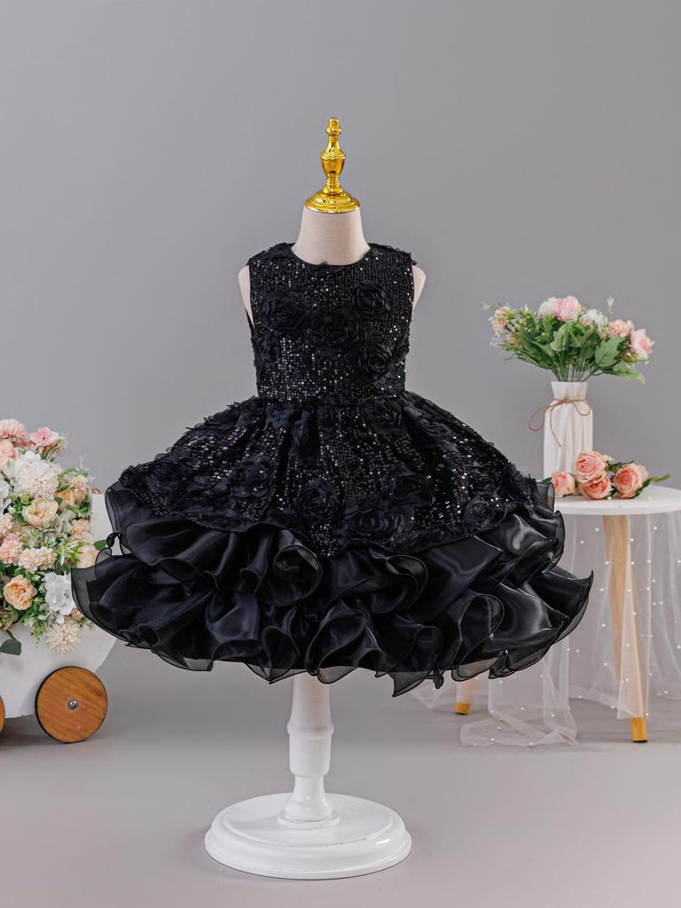 Funkelndes Prinzessinnen-Hochzeits- und Auftrittskleid für Mädchen mit flauschigem Rock für ältere Kinder