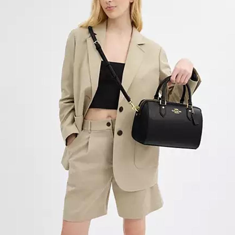 Coach Rowan 25 Logo Zip Closure Crossgrain Leather Shoulder Crossbody Tote Bag Medium Women Handbags Black CV403-IMBLK