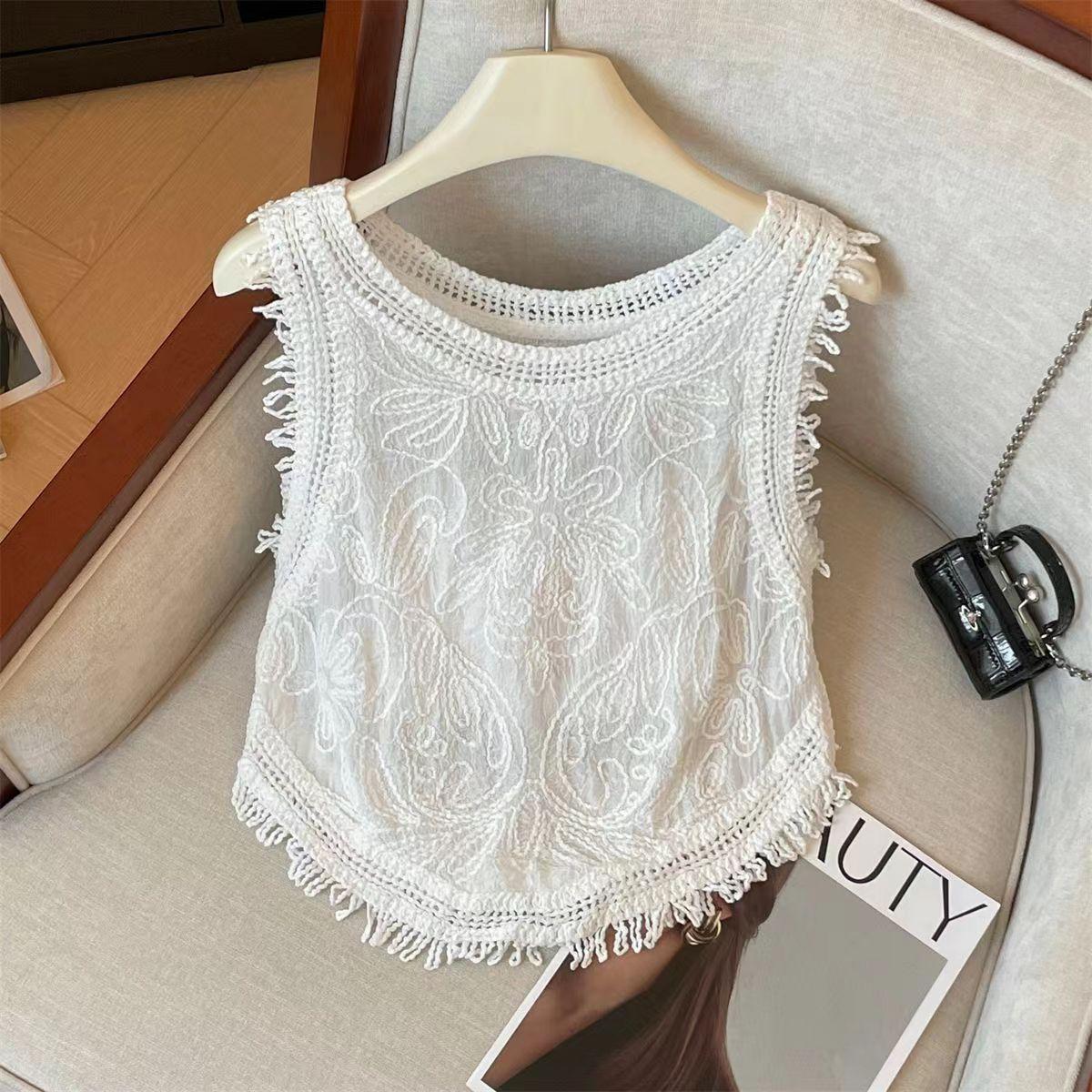 

Нишевый ажурный вязаный крючком трикотажный топ-майка женский летний с кисточками короткий без рукавов майка-танк дизайнерский топ one size