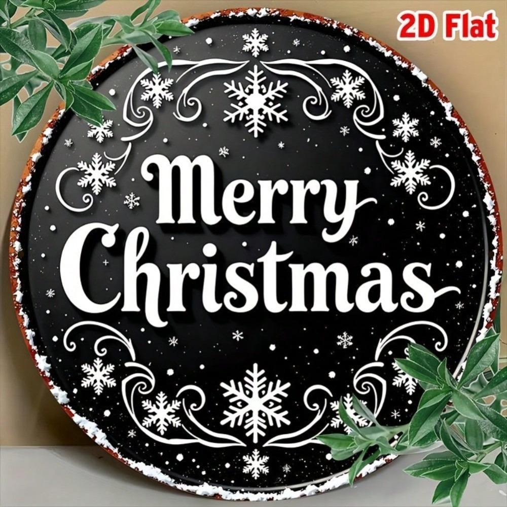 Vintage Black White Metal Merry Christmas Wall Art Round Aluminum Snowflake Star Decor Gift