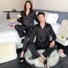 Couple ice silk pajamas women's spring and autumn long-sleeved large-size cardigan set men's high-end light luxury striped loungewear