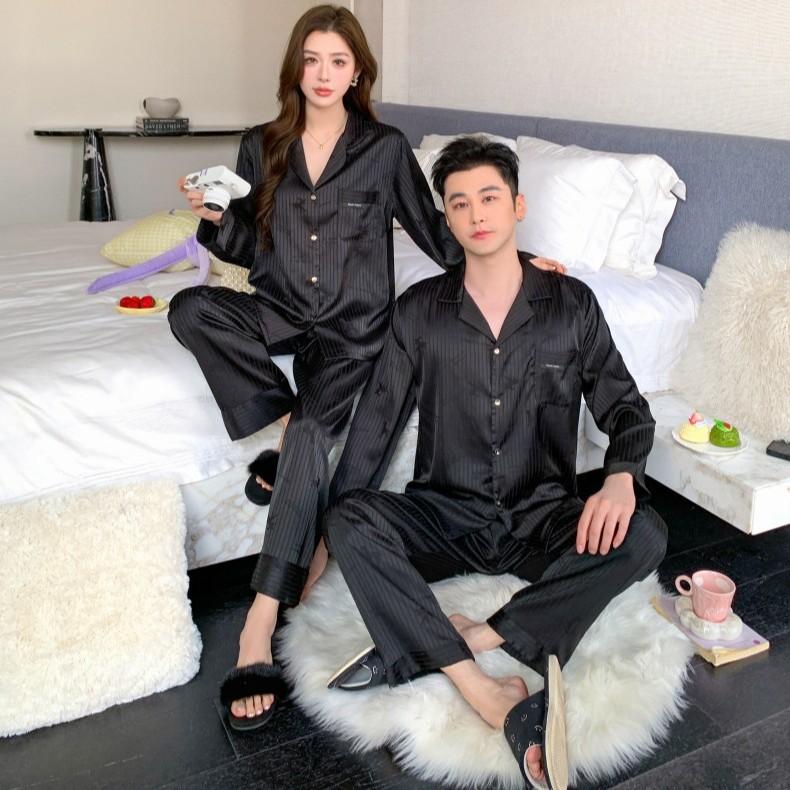Couple ice silk pajamas women's spring and autumn long-sleeved large-size cardigan set men's high-end light luxury striped loungewear