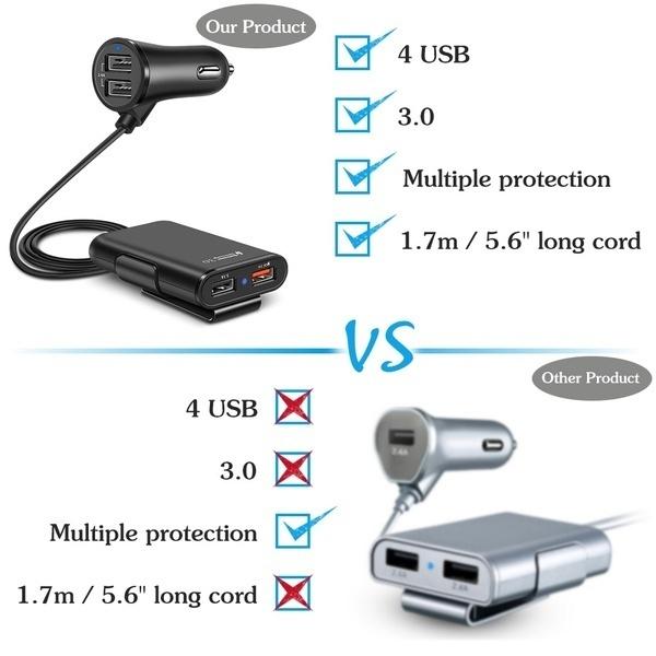 Univerzální 4 porty USB nabíječka do auta Přední sedadlo Zadní sedadlo QC3.0 Rychlé nabíjení USB adaptér pro nabíječku do auta USB Rychlá nabíječka