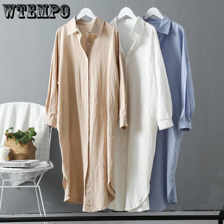 

Длинная белая рубашка Платье для женщин Лен Хлопок Весна Лето Повседневная корейская одежда Винтаж Оверсайз Миди Халат
