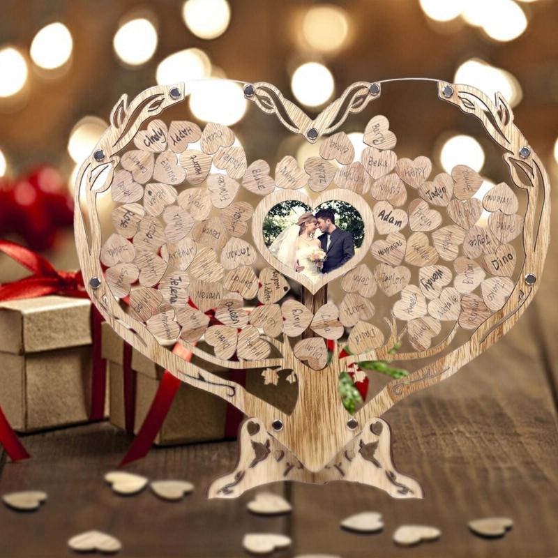 Romantics Wooden Wedding Guest Book With Heart Picture Frame For Bridals Shower And Anniversary Celebration