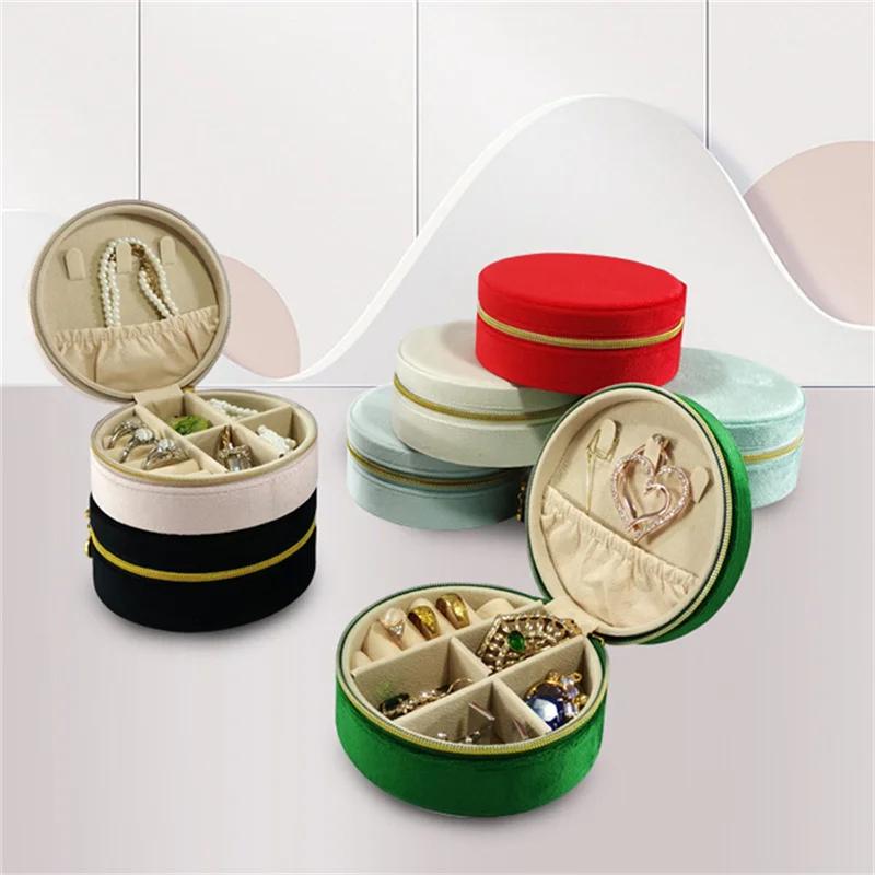 New Round Flannelette Jewelry Storage Box Portable Travel Jewelry Box Ring Earrings Bracelet Necklace Multi-functional Organizer