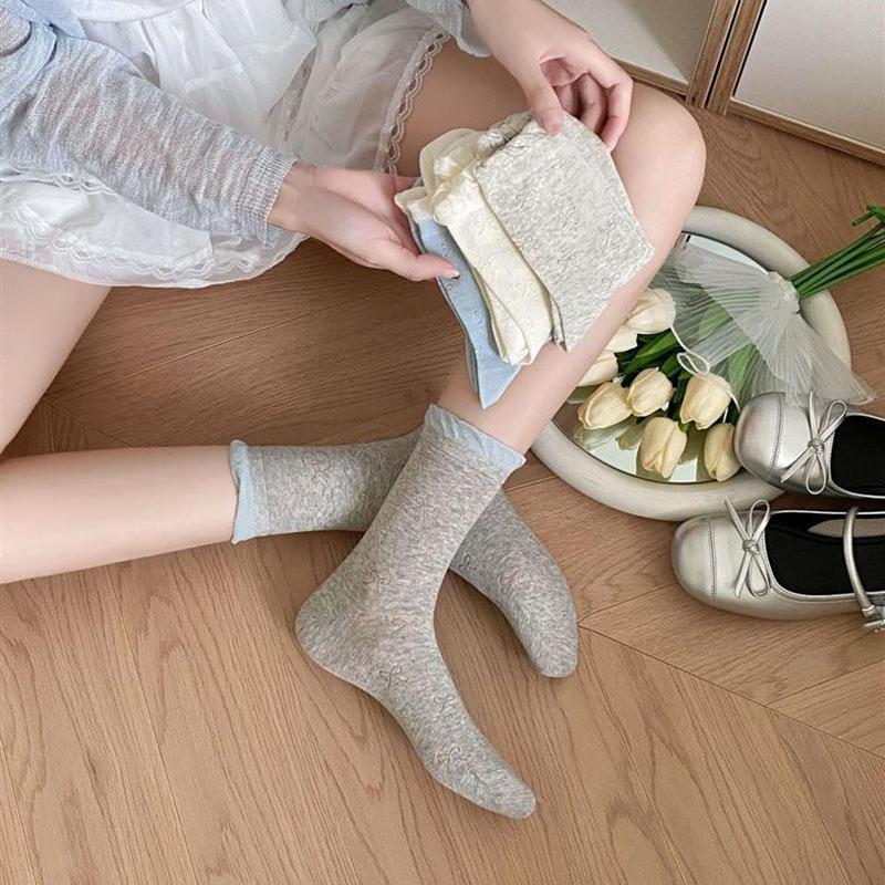 3 Pairs Spring/Summer Women's Thin Hollow-Out Mid-Calf Socks Ballet Bubble Tongue Lace Socks for Girls Women