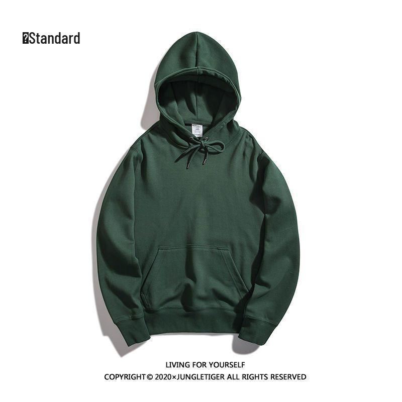 Men's Dark Green High-Gloss Heavy Oversized Hooded Sweatshirt for Autumn/Winter, Plus Velvet, Basic Style.