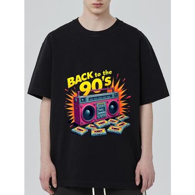 Camiseta Regreso a los 90 Negra Estampado de Boombox y Cinta de Cassette Ropa Retro para Fiesta