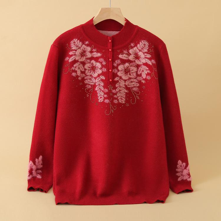 Middle-aged and Elderly Plus Velvet Mother-in-law Sweater Thickened Ladies Sweater Integrated Velvet Warm Bottoming Coat Mother-in-law Clothes