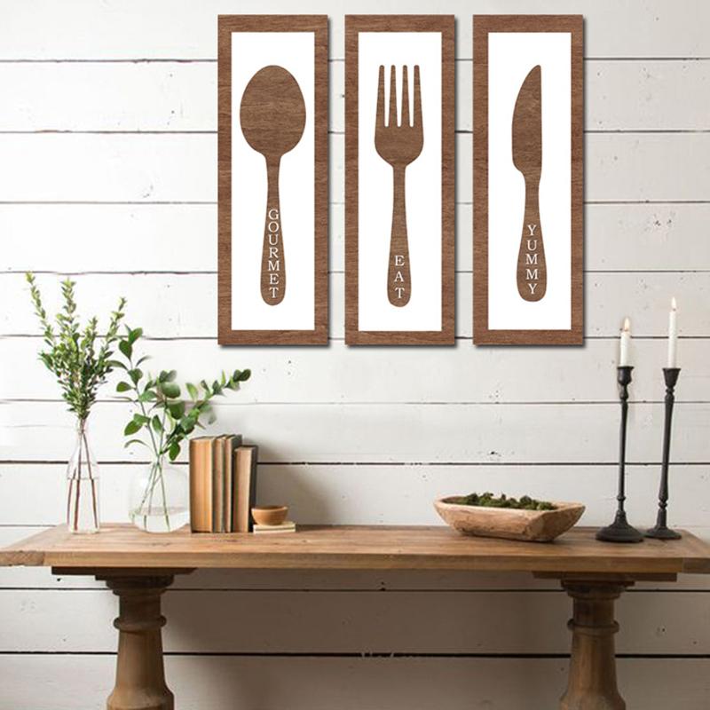 

3PC Dinning Room Wall Decor Decorative Block Word Signs Wood EAT Sign Fork Spoon Knife