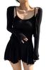 ZOEMAKE Süßes Langarm Enges Mini Ausgestelltes und Sexy Loungewear 2-teiliges Set Strickjacke, Kleid, Rock, Camisole, (Schwarz)