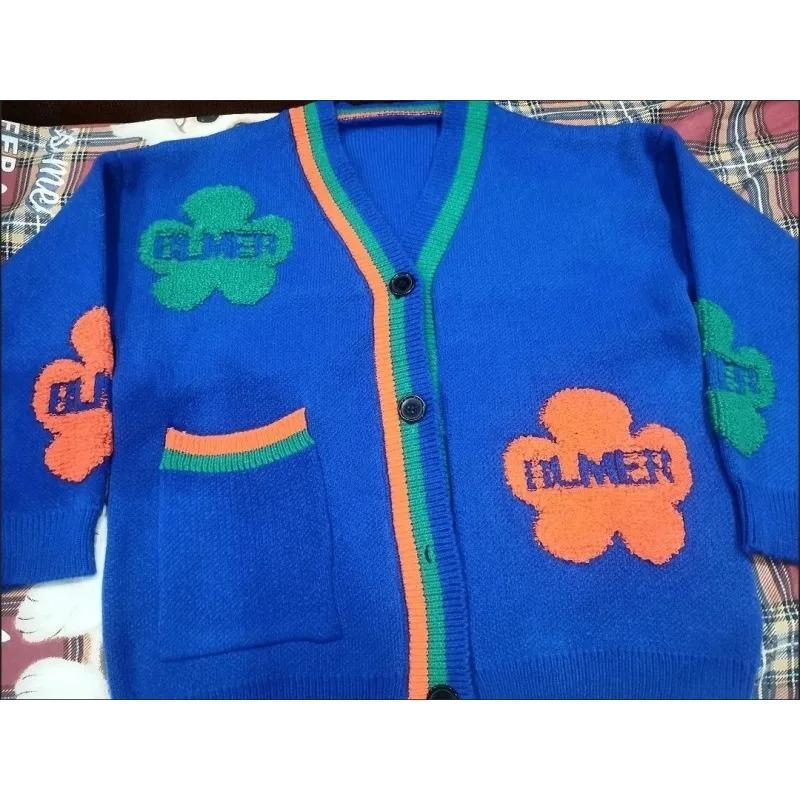 Blue Acrylic Knit V-Neck Letter Flower Casual Women's Cardigan Sweater Single Breasted Cardigan Women Clothing Thick Winter