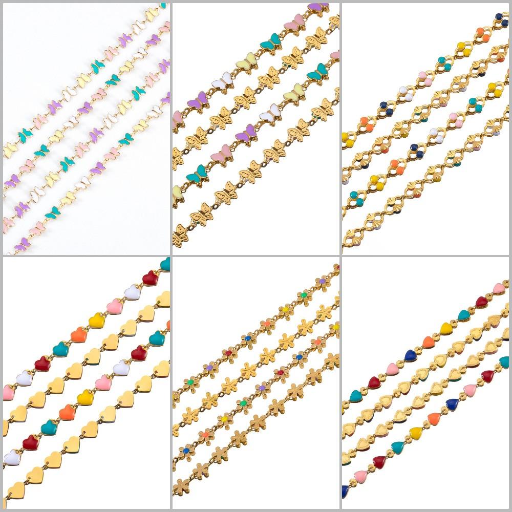 1Meter Colorful Enamel Heart Leaf Bead Chain Stainless Steel Gold Color Chain for DIY Clothing Jewelry Making Necklace Bracelet