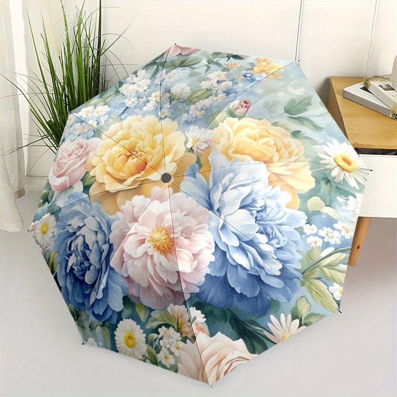 1pc Floral Garden Umbrella - Automatic Open/Close, Floral Pattern in Blue, Yellow, Pink, Green, White - Compact Travel Umbrell