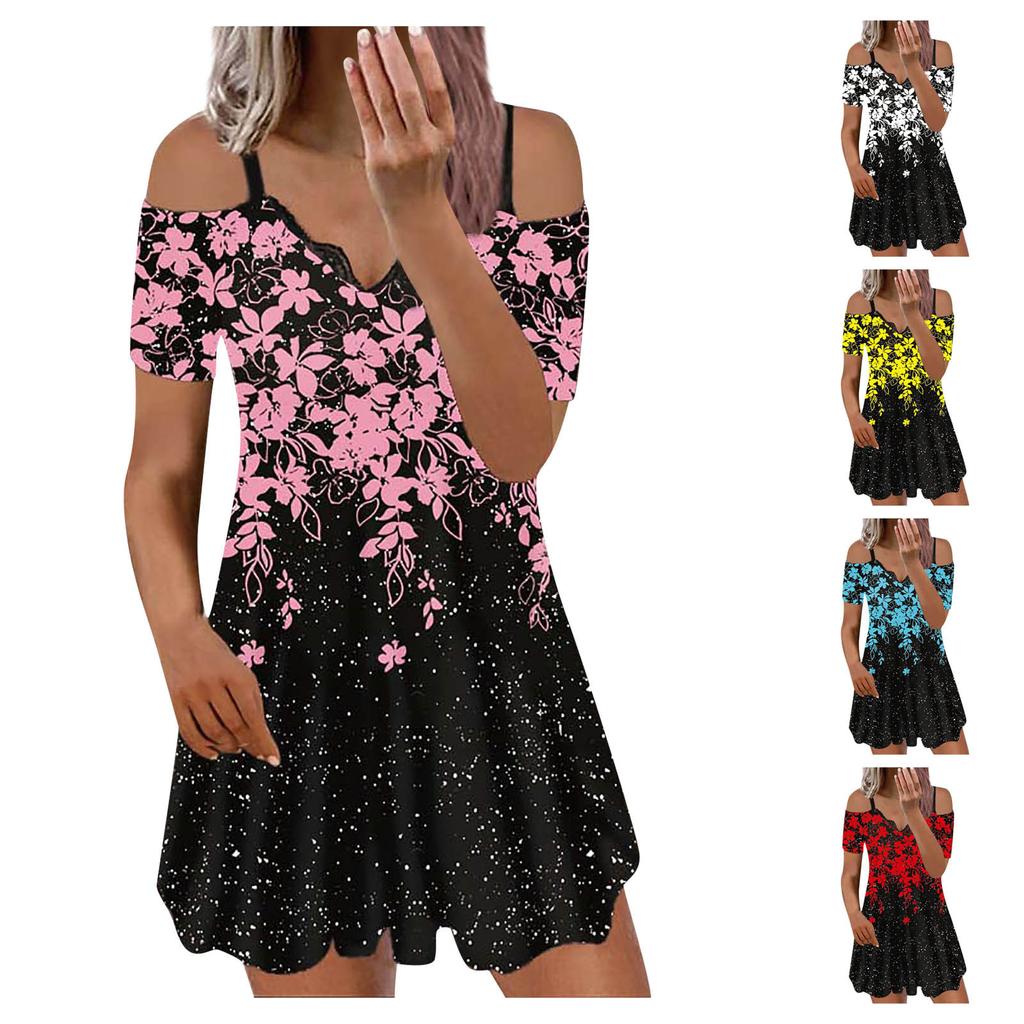Women's Casual Printing V-neck Lace Sling Skirt Sun Skirt