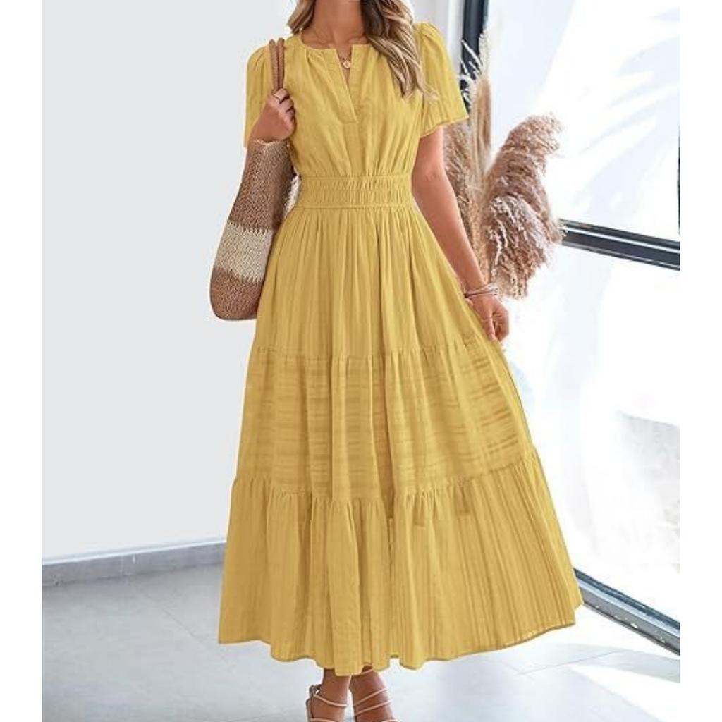 Women V-Neck Maxi Dress with Ruched Puff Sleeves for Casual Summer Wear