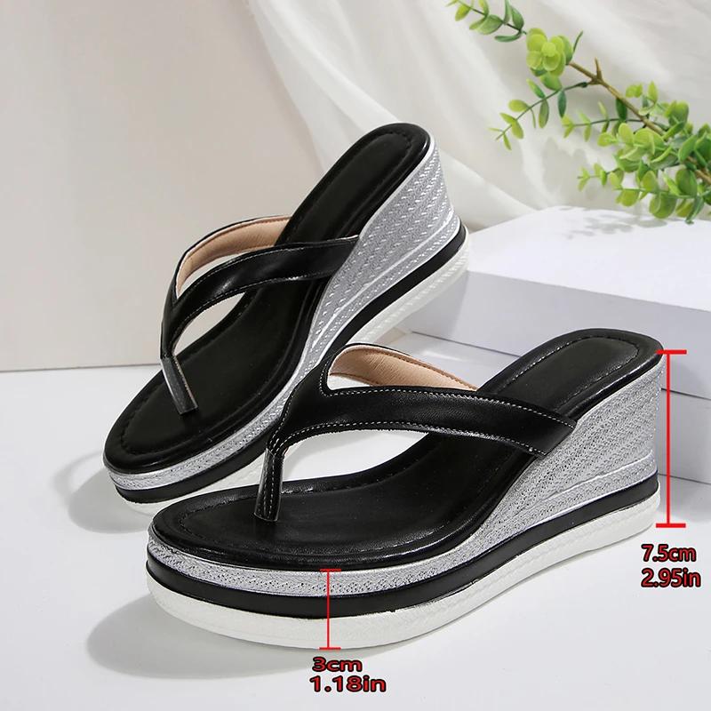 

Fashion Plus Size Pu Leather Wedges Sandals Women Summer Thick Sole Non Slip Clip On Beach Slippers Comfort Chunky Platform Flip Flops 36 чёрный