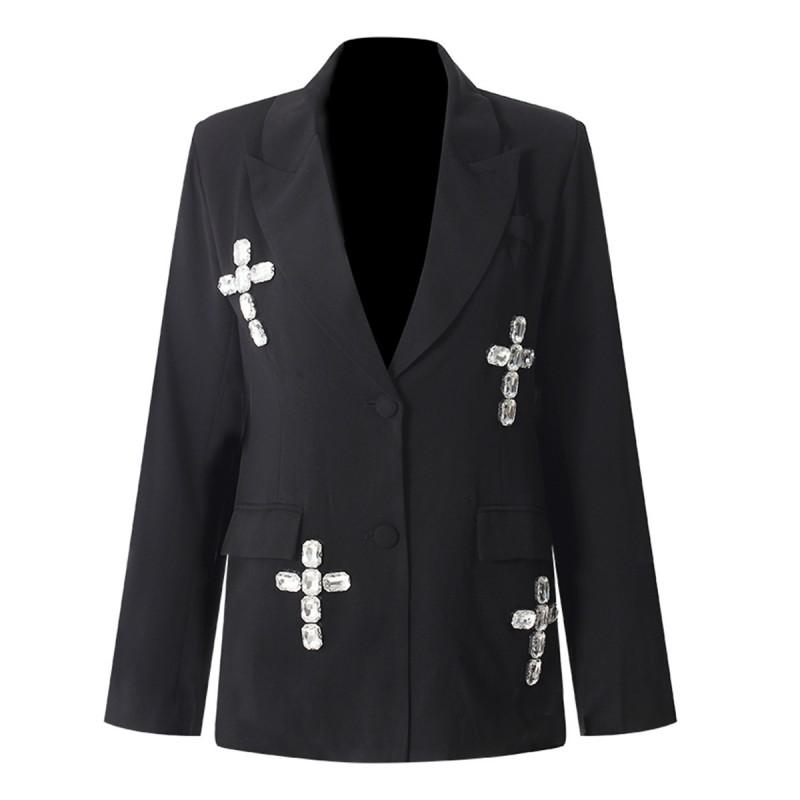 Elegant Oversized Blazer With Crystal Rhinestone Embellishment Loose Fit Office Chic Jacket Women