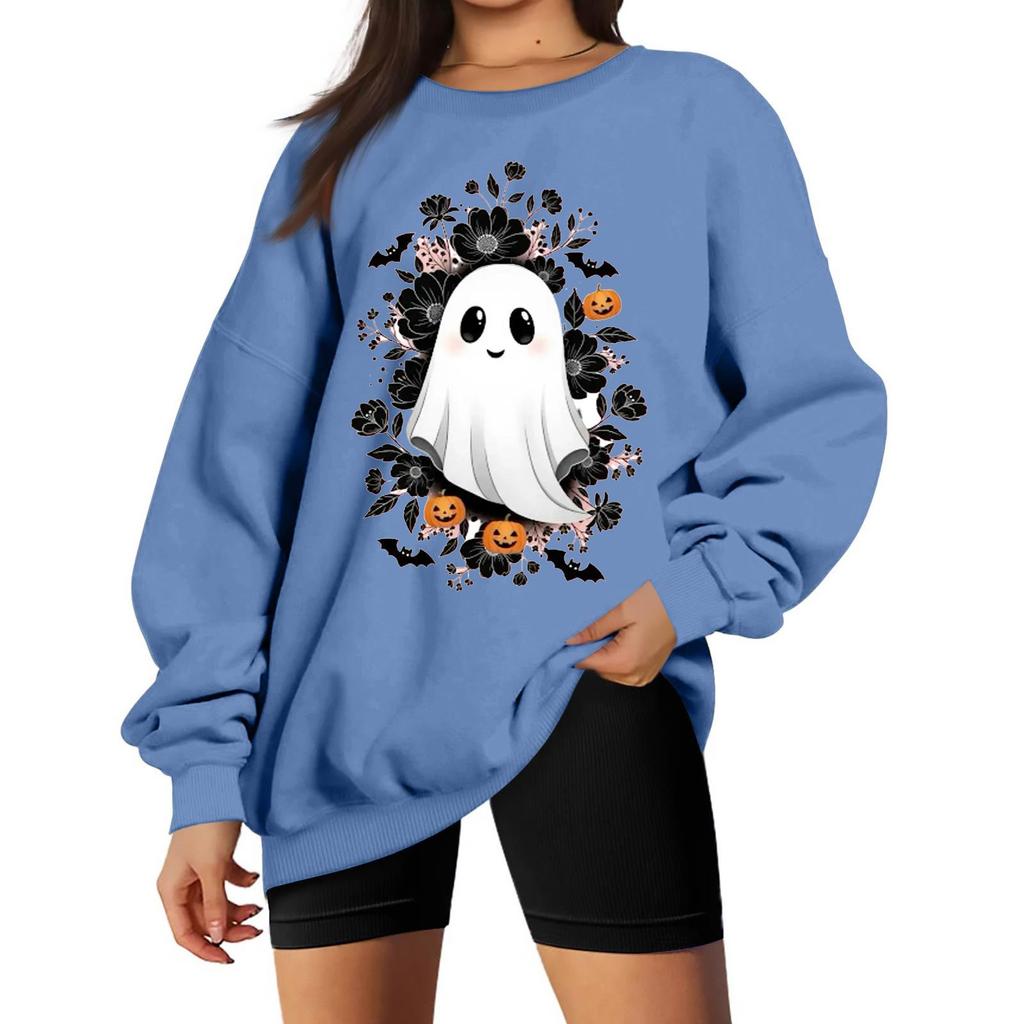 Women's Neck Long Sleeve Casual Loose Fit Sweatshirt Pullover with Color or Small Halloween Print