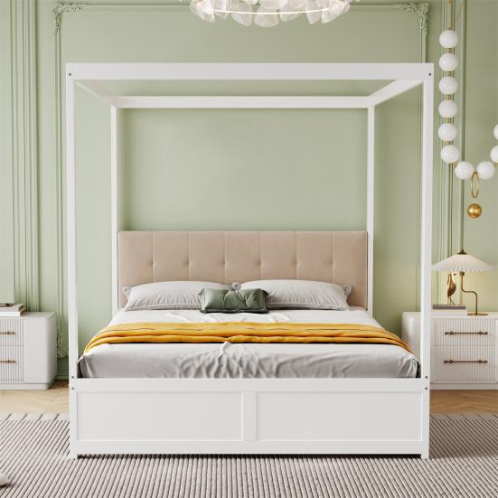 Cama com Dossel 140x200cm com Gavetas Grandes e Cabeceira Macia, Cama de Quatro Postes, Cama de Madeira Branca, Forte Capacidade de Carga