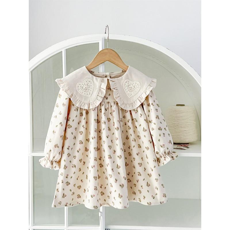 Girls Long Sleeve Dress Floral Print Lace Collar Sweet Princess Style