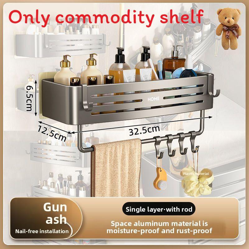 Aluminum Bathroom Storage Rack With Hooks For Shower And Toilet Organizer