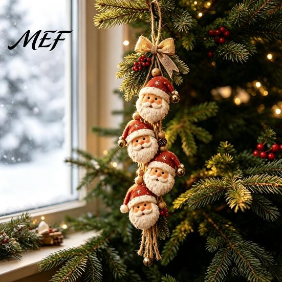Xmas Tree Hanging Pendant Wooden Santa Claus Ornament, 2D Flat Pattern Sign with Jute Christmas Decorations for Home Shop Rope And Bell, Vintage Door