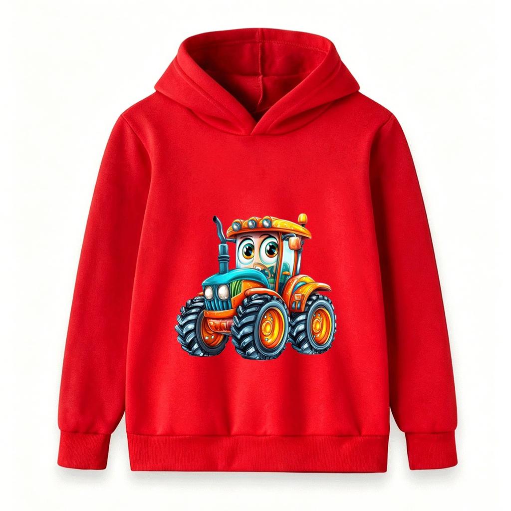 Kids Cartoon Tractor Print Hoodie Boys Girls Casual Long Sleeve Pullover Sweatshirt Cute Vehicle Pattern Children Top Coat