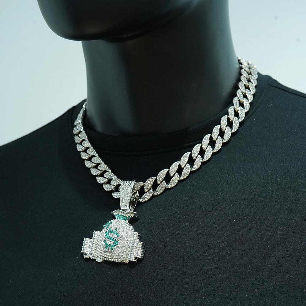 Popular diamond-encrusted money bag pendant, new alloy necklace, daily casual wear, personalized hip-hop Cuban chain.