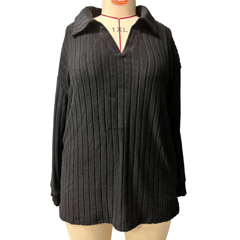 Autumn Winter Solid Color Plus Size Women's Top V-neck Long Sleeved Pit Stripe Brushed T-shirt Loose Fit