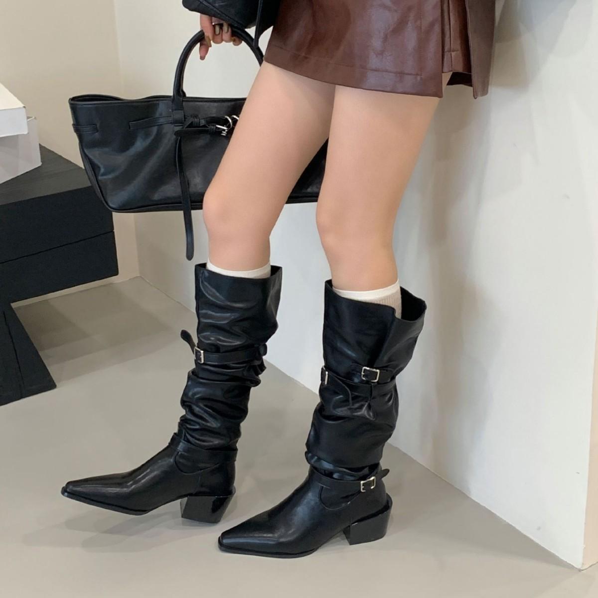

2025 new square head thick heel belt buckle thick heel knight boots versatile Spice Girl nightclub women s boots 39 коричневый