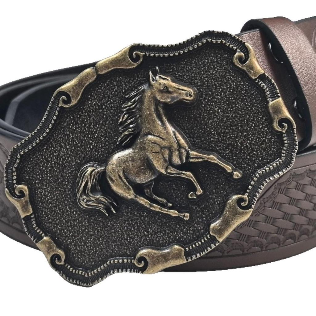 Men's Fashionable Denim Belt with Embossed Horse & Floral Design – Retro Casual Leather Accessory