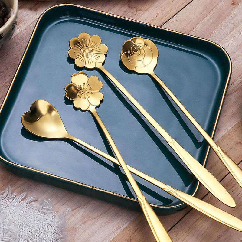 4/8pcs Stainless Steel Cherry Blossom Spoon Coffee Spoon Dessert Spoon
