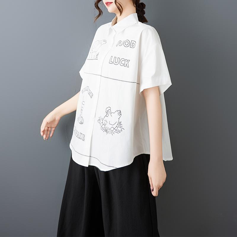 DIMANAF 2026 Plus Size New Spring Summer Blouse Short Sleeve Casual Shirt Women Loose Tops Shirts Cotton Black Print