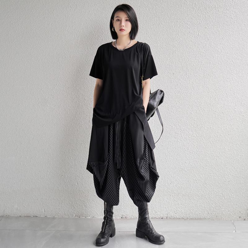 2025 Summer Striped Patchwork Loose-Wear Women's Wide-Leg Cropped Drop-Crotch Pants