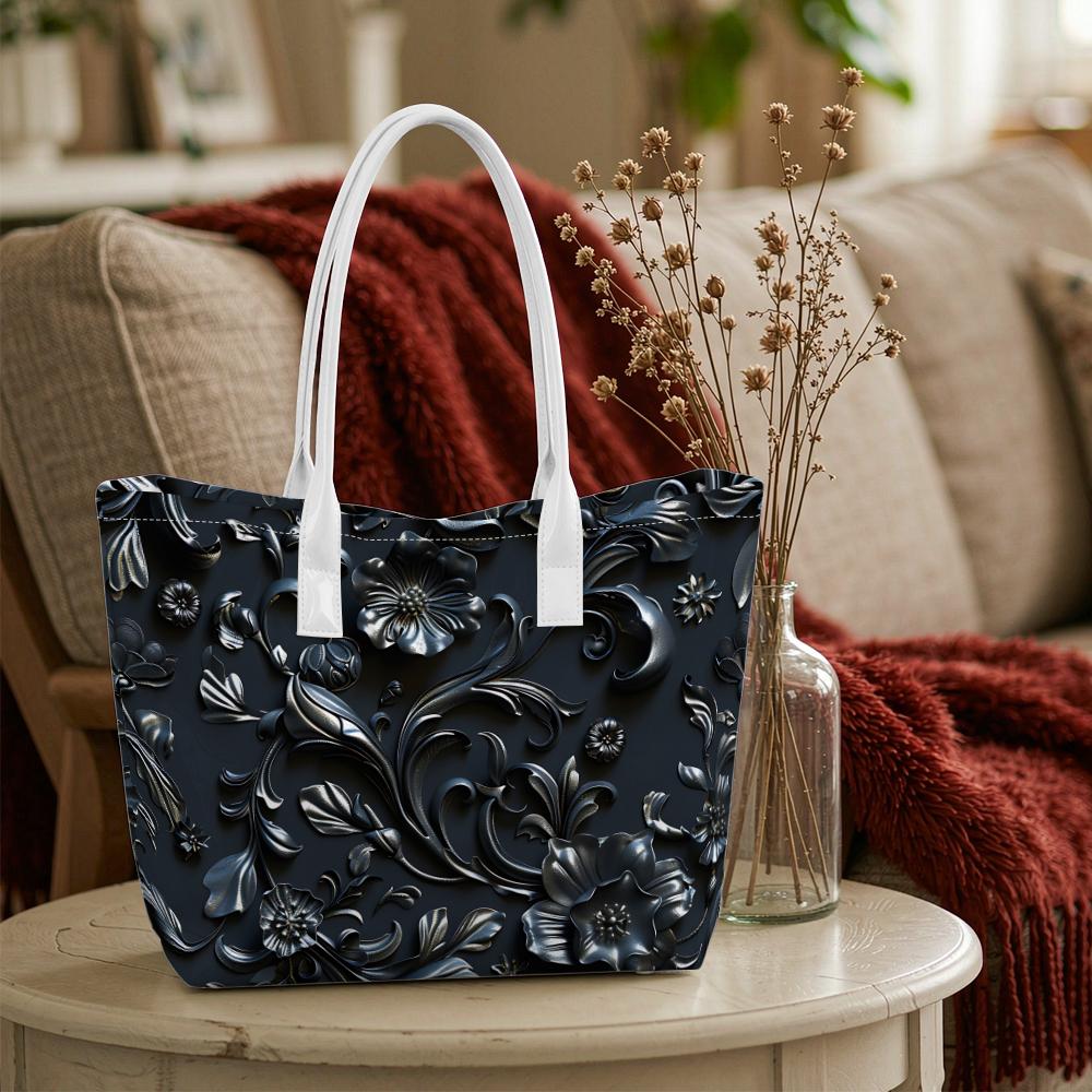 Elegant Black Floral Pattern Women Tote Bag Stylish Daily Shoulder Bag for Shopping Outdoor