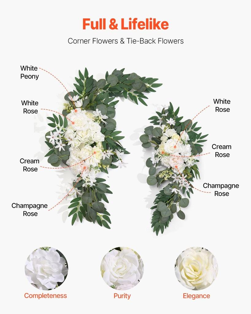 Artificial Wedding Arch Flowers Kit White With 2 Pcs Flowers 1 Pcs Drapes