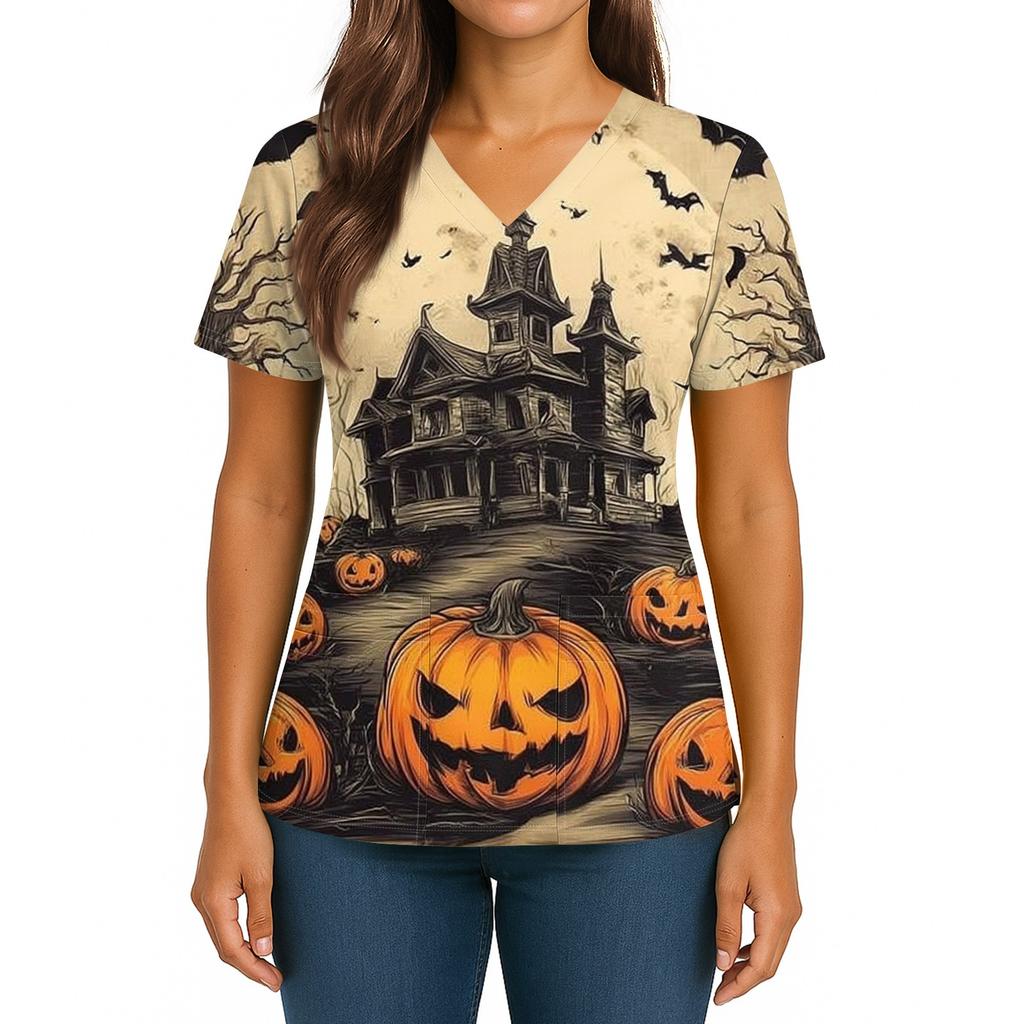 Damen Halloween Bedrucktes V-Ausschnitt Doppel-Taschen Kurzarm Saumschlitz Uniform Pflegekraft Oberteil