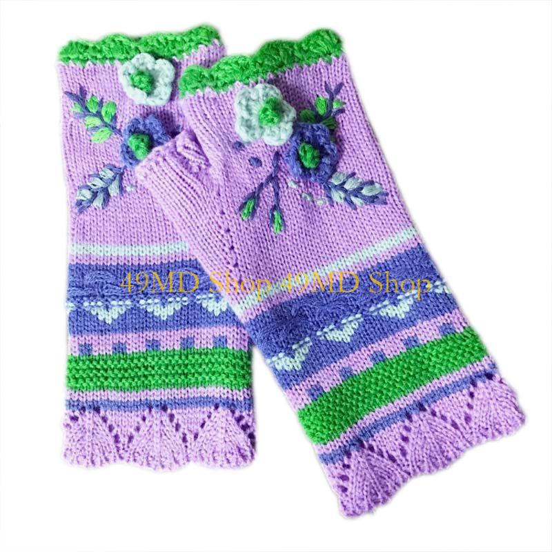 49MD Women Winter Knit Fingerless Gloves Multicolor Crochet Floral Thumbhole Mittens