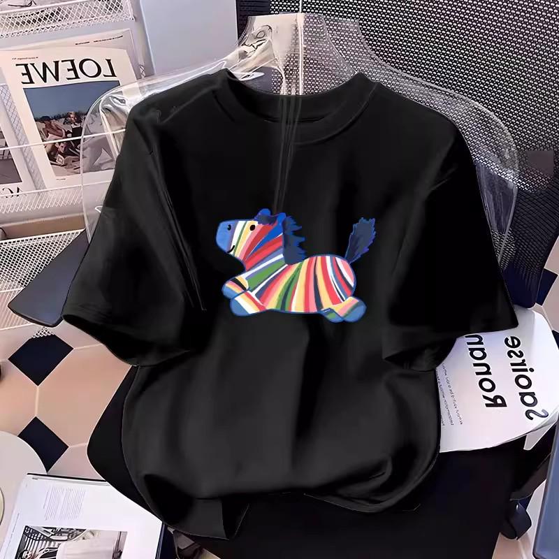 2026 Summer Women's White Cartoon Print Loose-Fit Slimming T-shirt