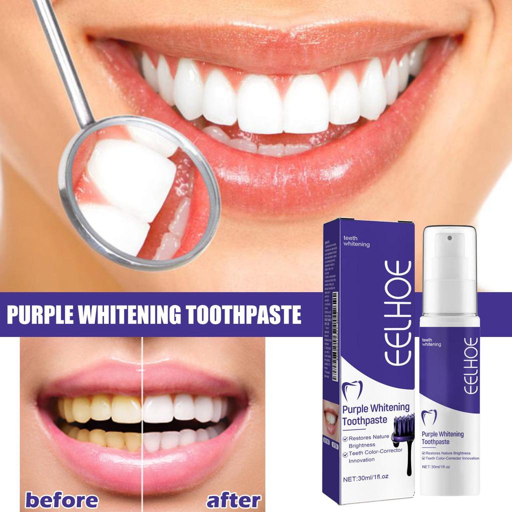EELHOE Purple Toothpaste (30ml) whitens teeth, deeply cleans, removes stains and plaque, freshens breath, and gently cares for oral hygiene.