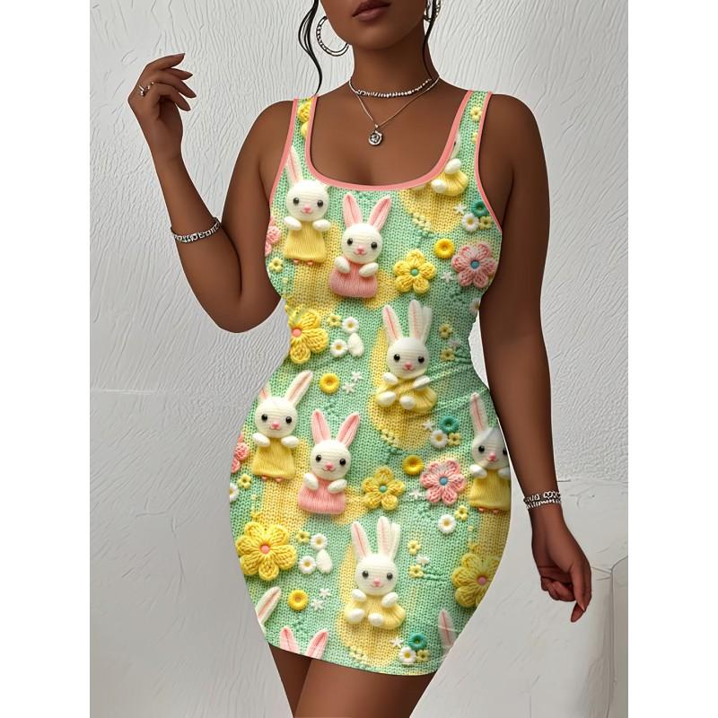 Womens Sleeveless Bodycon Midi Dress With 3D Print Breathable Lightweight Casual Office Wear