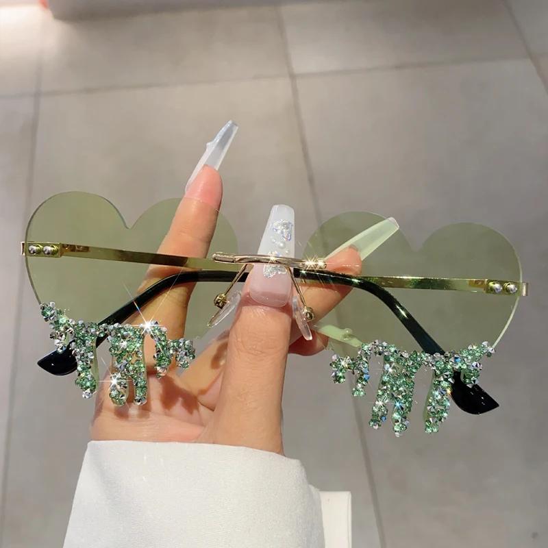 1/2 Pairs Heart Shaped Sunglasses with Rhinestones Women Fashion Rimless Rave Shades Trendy Original Design Sun Glasses