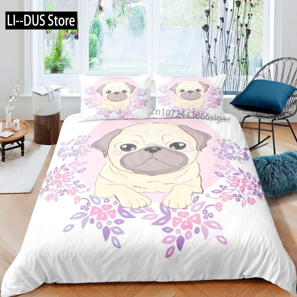 Pug Duvet Cover Set Puppy Lying Around Pet Decorative 3 Piece Bedding Set with 2 Pillow Shams Queen Size Pale Brown Black