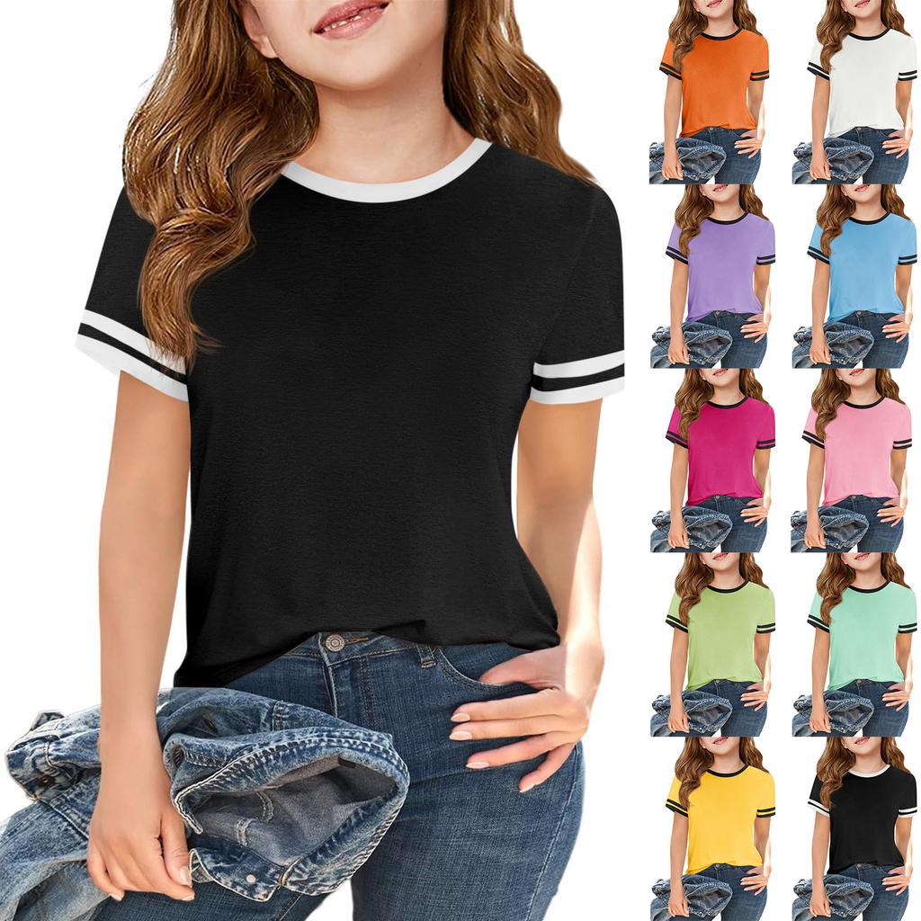 Girls Fashion Short Sleeve Round Neck Color Blocking Casual T-Shirt Top