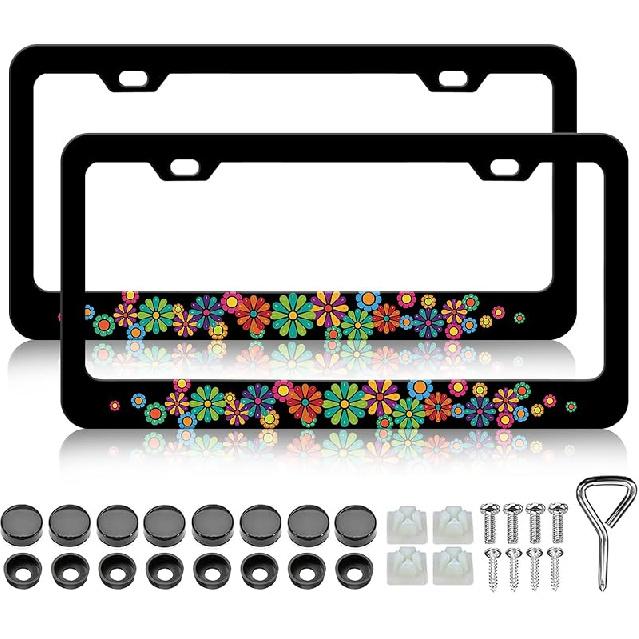 Cute Pink Strawberry License Plate Frames Holder - 2 Pack Fruit Pattern License Plate Holder Universal Aluminum Metal Rust-Proof Waterproof Car