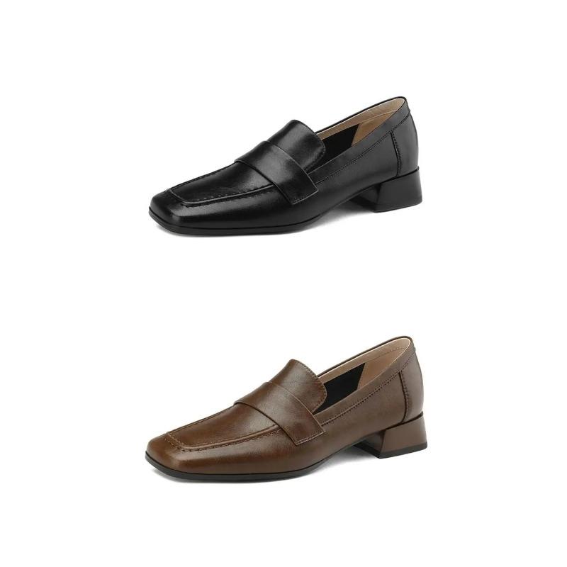 Women's Soft Leather Loafers Spring Autumn Soft Slip On Chunky Heel Versatile Loafers Women British Style Shoes
