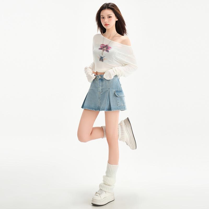 2025 Sommer Damen Hellblauer Plissierter Denim Minirock - Hochtailliert, Hüftbetont A-Linie Arbeitskleidung